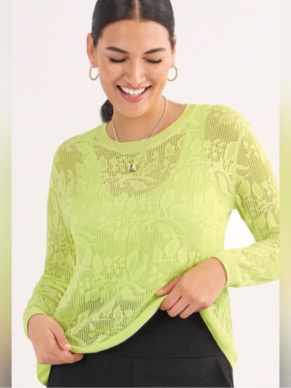 Cabi Summer Sweater Lime Green Textured Knit Pullover Sz M